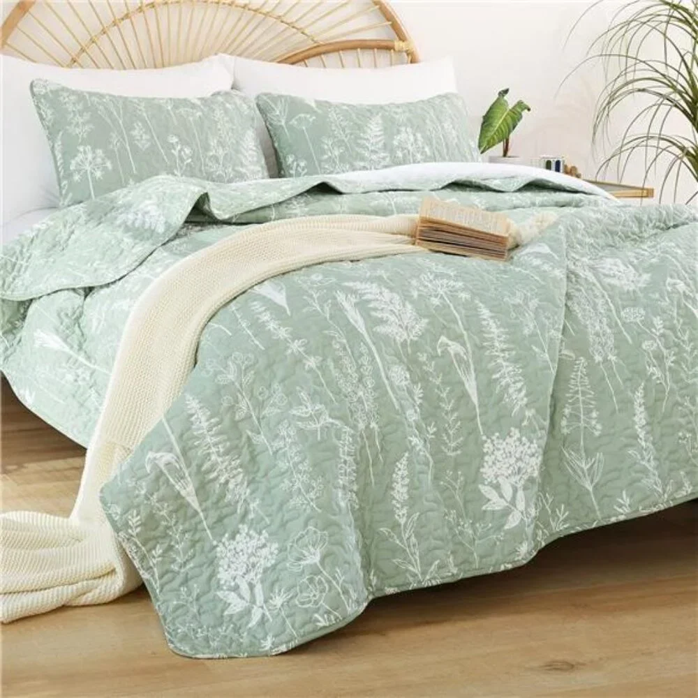 Quilts Queen Size Sage Green Quilt Botanical with Floral Pattern